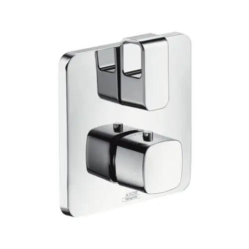 Chromfarbener Thermostat mit Absperrventil, montiert auf einer quadratischen Platte. Das Design stammt von AXOR und zeigt zwei Bedienknebel für unterschiedliche Funktionen.